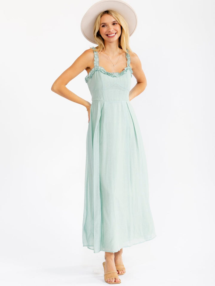 WOMEN'S SLEEVELESS RUFFLE DETAILED SELF TIE MAXI DRESS