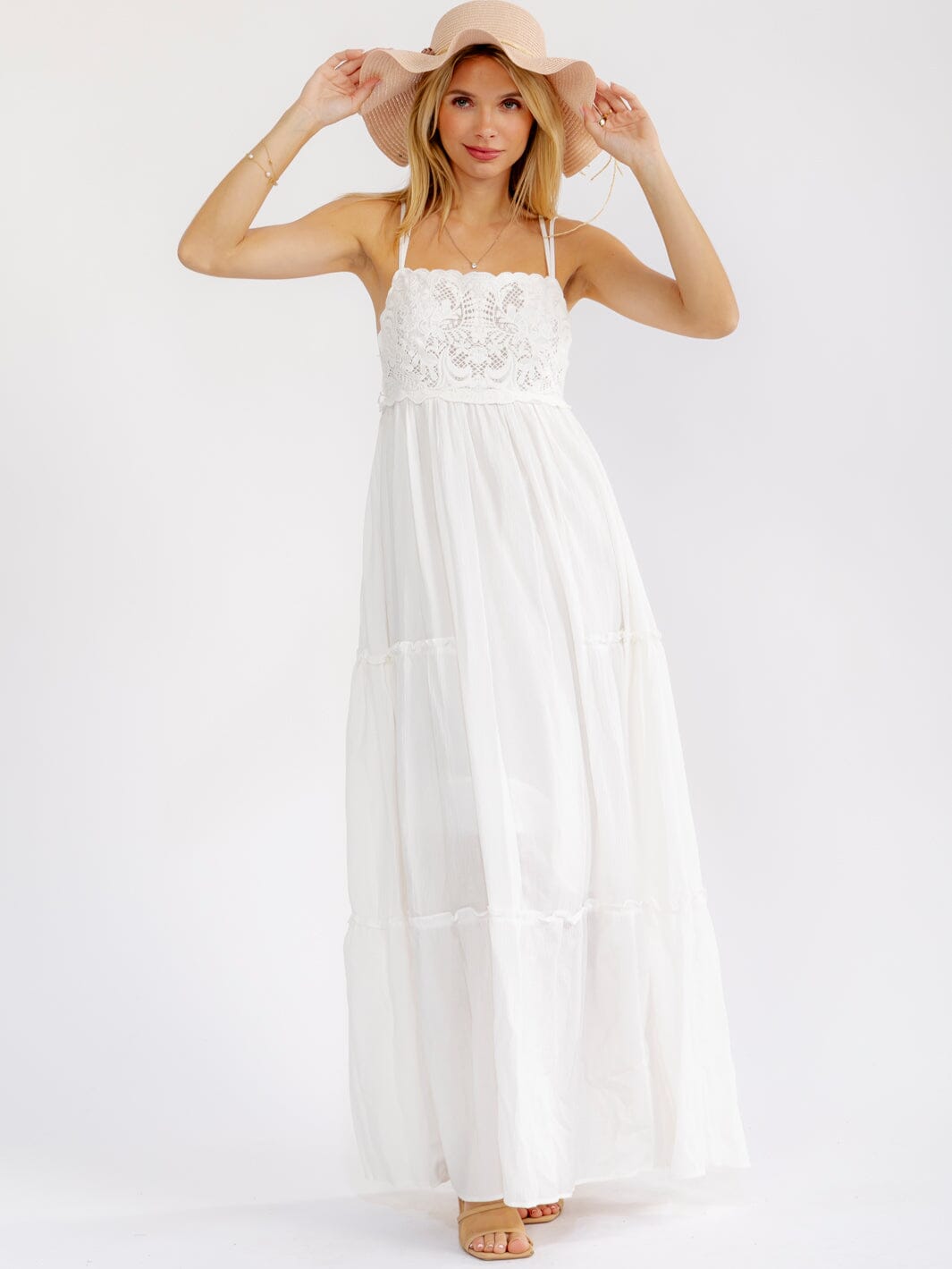 WOMEN'S SLEEVELESS SQUARE NECK OPEN BACK TIERED CROCHET MAXI DRESS