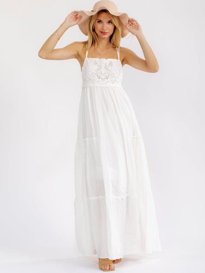 WOMEN'S SLEEVELESS SQUARE NECK OPEN BACK TIERED CROCHET MAXI DRESS