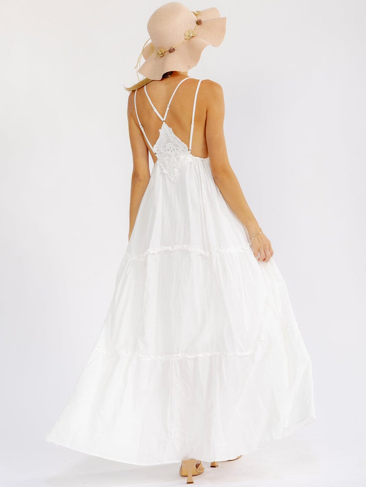 WOMEN'S SLEEVELESS SQUARE NECK OPEN BACK TIERED CROCHET MAXI DRESS