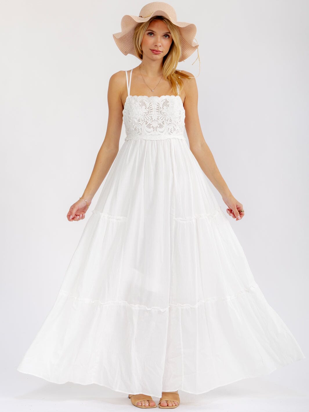 WOMEN'S SLEEVELESS SQUARE NECK OPEN BACK TIERED CROCHET MAXI DRESS