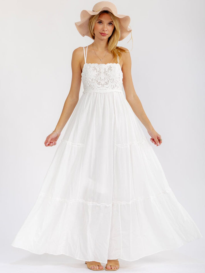 WOMEN'S SLEEVELESS SQUARE NECK OPEN BACK TIERED CROCHET MAXI DRESS