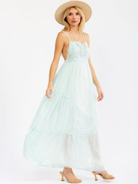 WOMEN'S SLEEVELESS SQUARE NECK OPEN BACK TIERED CROCHET MAXI DRESS