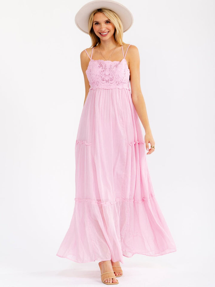 WOMEN'S SLEEVELESS SQUARE NECK OPEN BACK TIERED CROCHET MAXI DRESS