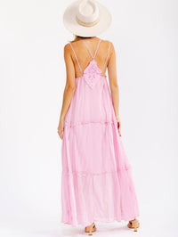 WOMEN'S SLEEVELESS SQUARE NECK OPEN BACK TIERED CROCHET MAXI DRESS