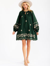 WOMEN'S LONG SLEEVE FRONT POCKETS EMBROIDERY FLORAL TUNIC MINI DRESS