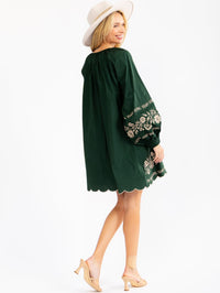 WOMEN'S LONG SLEEVE FRONT POCKETS EMBROIDERY FLORAL TUNIC MINI DRESS