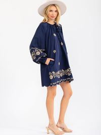 WOMEN'S LONG SLEEVE FRONT POCKETS EMBROIDERY FLORAL TUNIC MINI DRESS