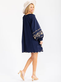WOMEN'S LONG SLEEVE FRONT POCKETS EMBROIDERY FLORAL TUNIC MINI DRESS