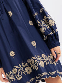 WOMEN'S LONG SLEEVE FRONT POCKETS EMBROIDERY FLORAL TUNIC MINI DRESS