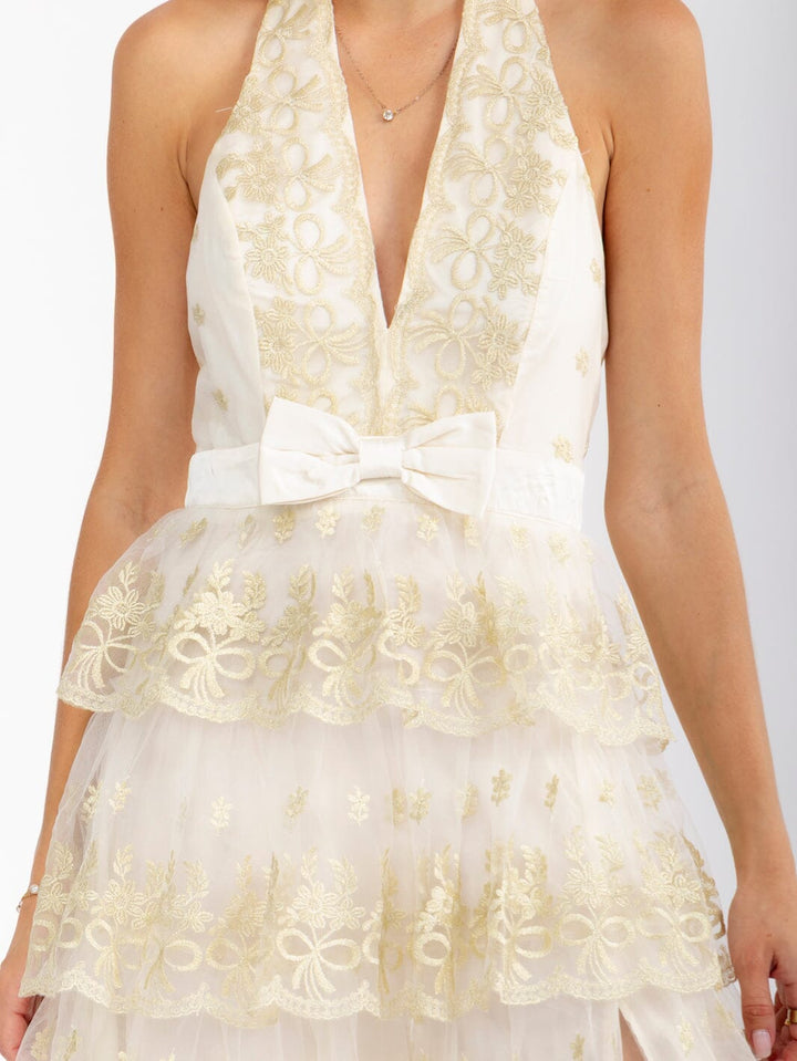 WOMEN'S SLEEVELESS HALTER NECK OPEN BACK SHIMMER EMBROIDERY MAXI DRESS