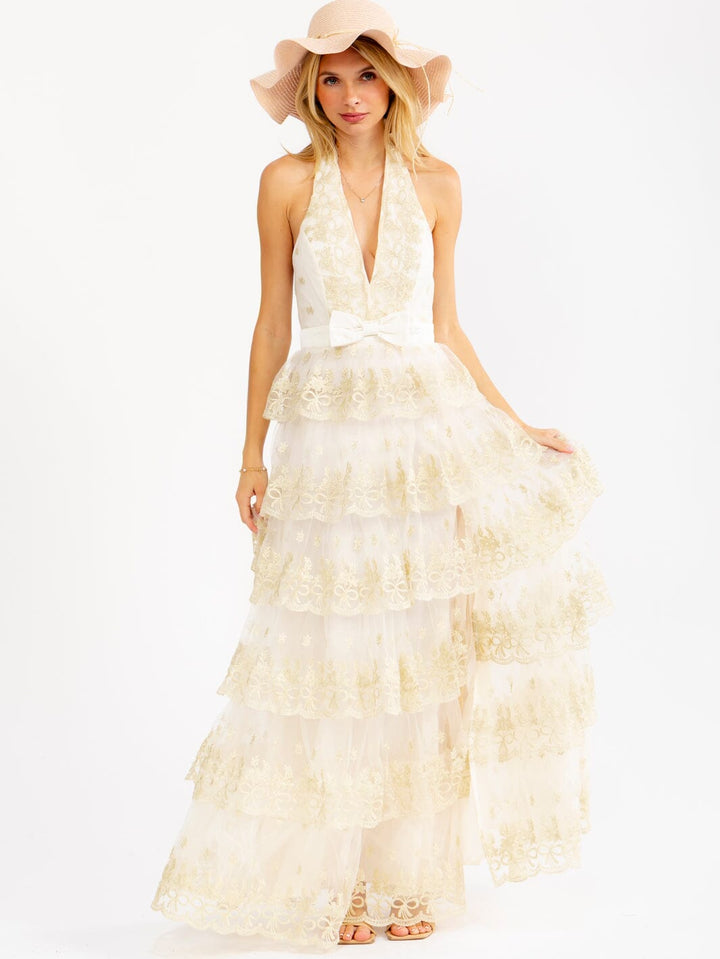 WOMEN'S SLEEVELESS HALTER NECK OPEN BACK SHIMMER EMBROIDERY MAXI DRESS