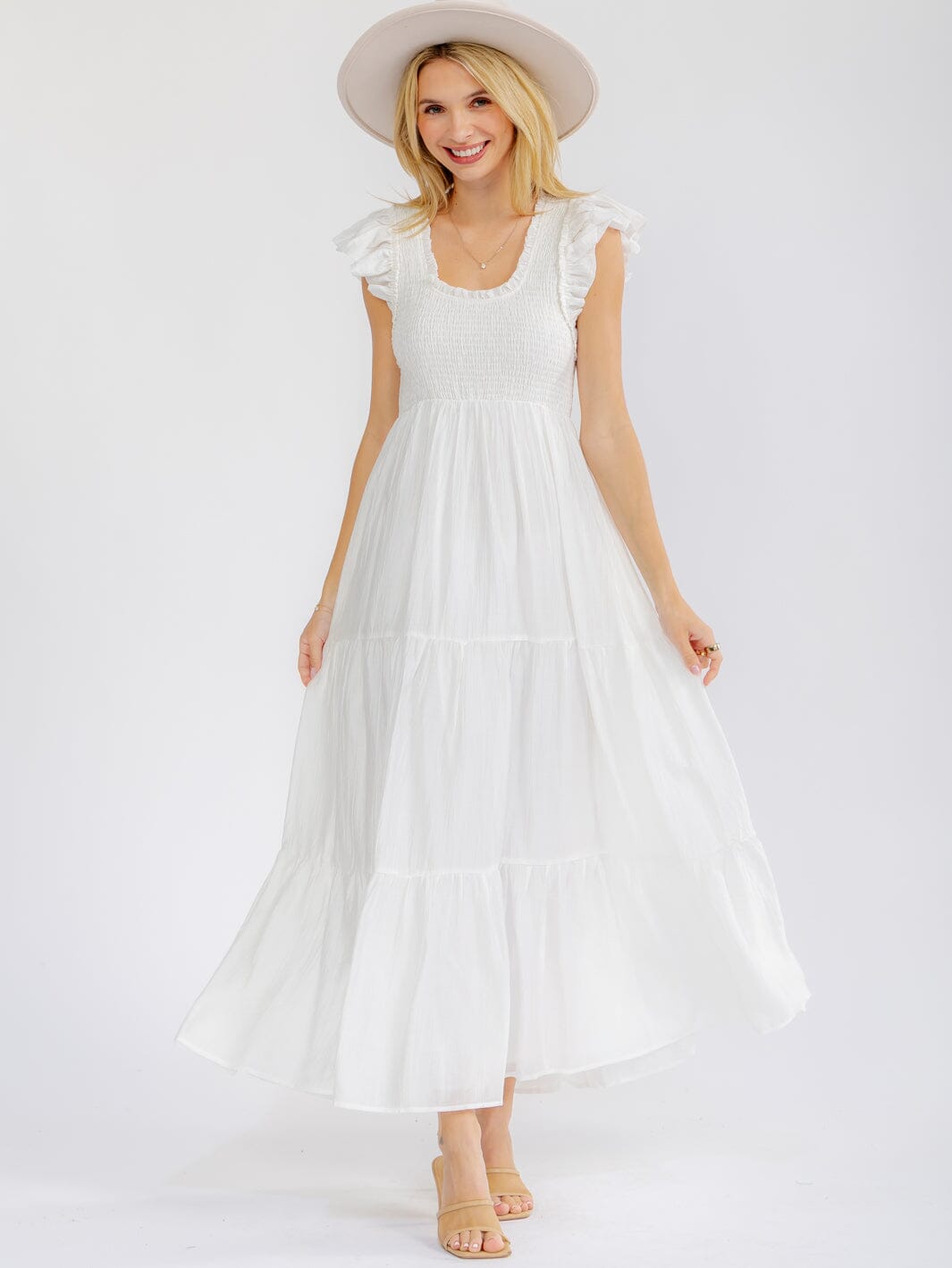 WOMEN'S RUFFLE SLEEVE SQUARE NECK SMOCK FRONT POCKETS TIERED MAXI DRESS
