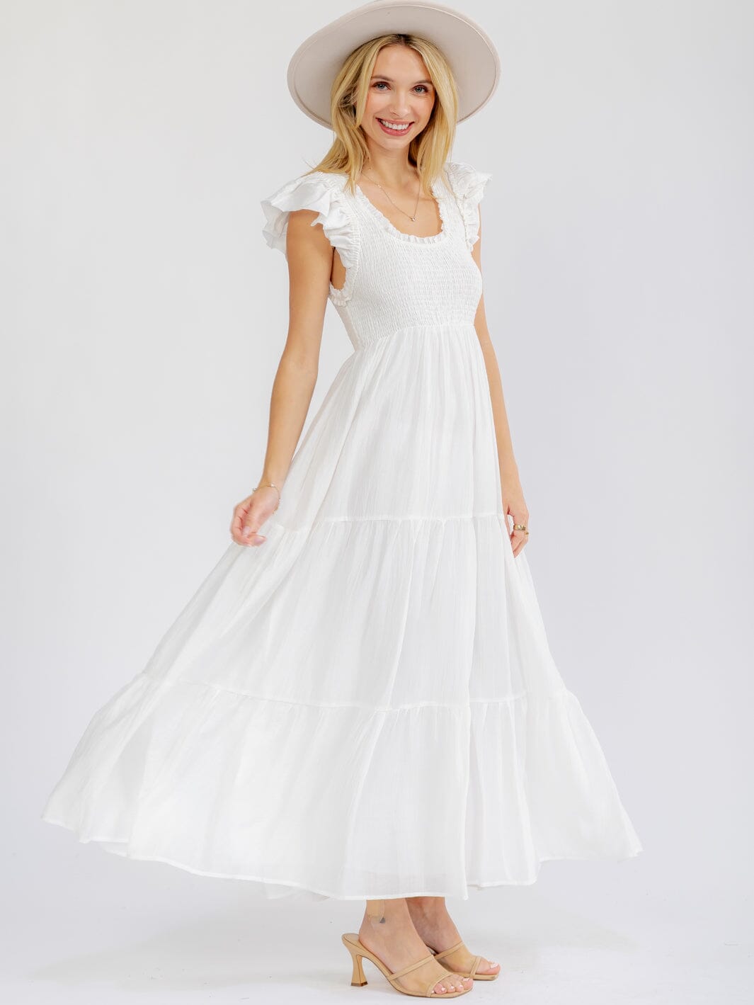 WOMEN'S RUFFLE SLEEVE SQUARE NECK SMOCK FRONT POCKETS TIERED MAXI DRESS
