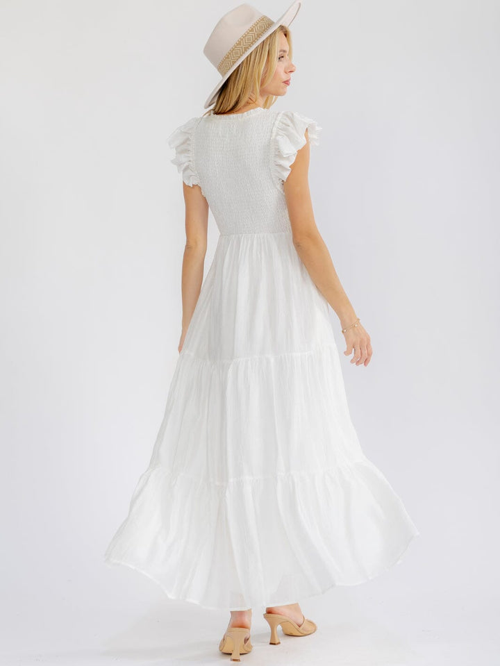 WOMEN'S RUFFLE SLEEVE SQUARE NECK SMOCK FRONT POCKETS TIERED MAXI DRESS