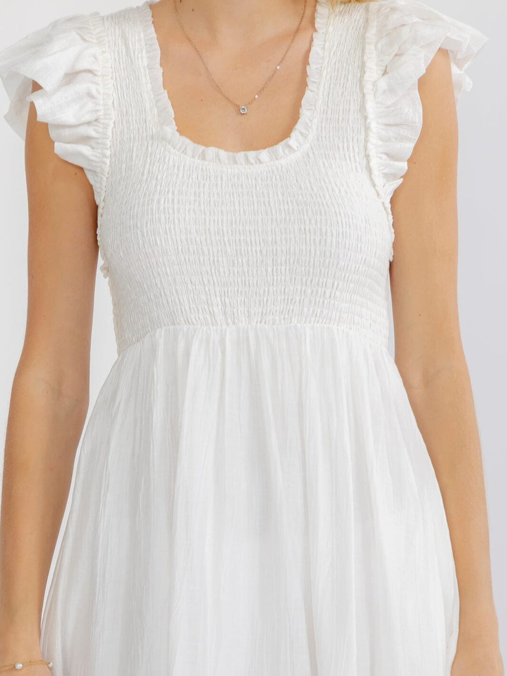 WOMEN'S RUFFLE SLEEVE SQUARE NECK SMOCK FRONT POCKETS TIERED MAXI DRESS