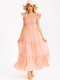 WOMEN'S RUFFLE SLEEVE SQUARE NECK SMOCK FRONT POCKETS TIERED MAXI DRESS