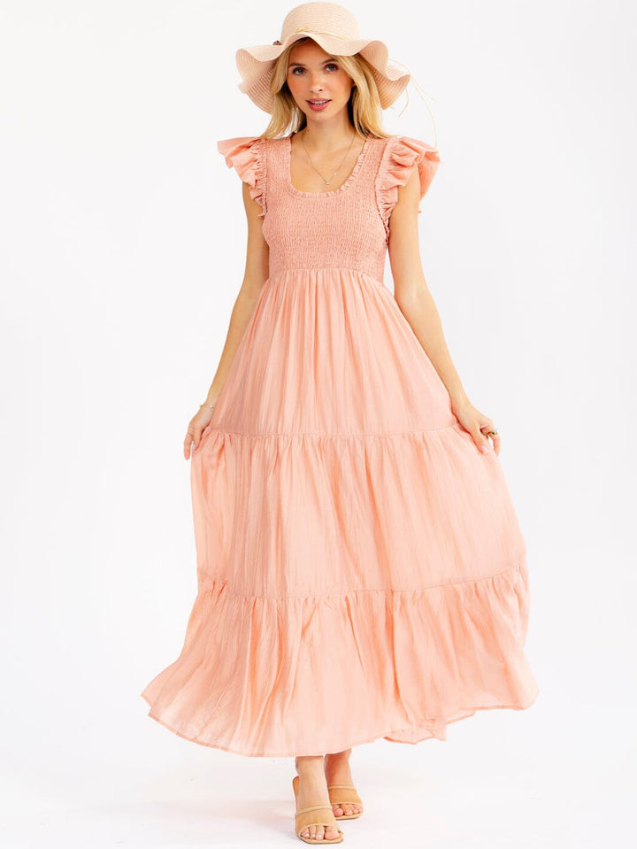WOMEN'S RUFFLE SLEEVE SQUARE NECK SMOCK FRONT POCKETS TIERED MAXI DRESS