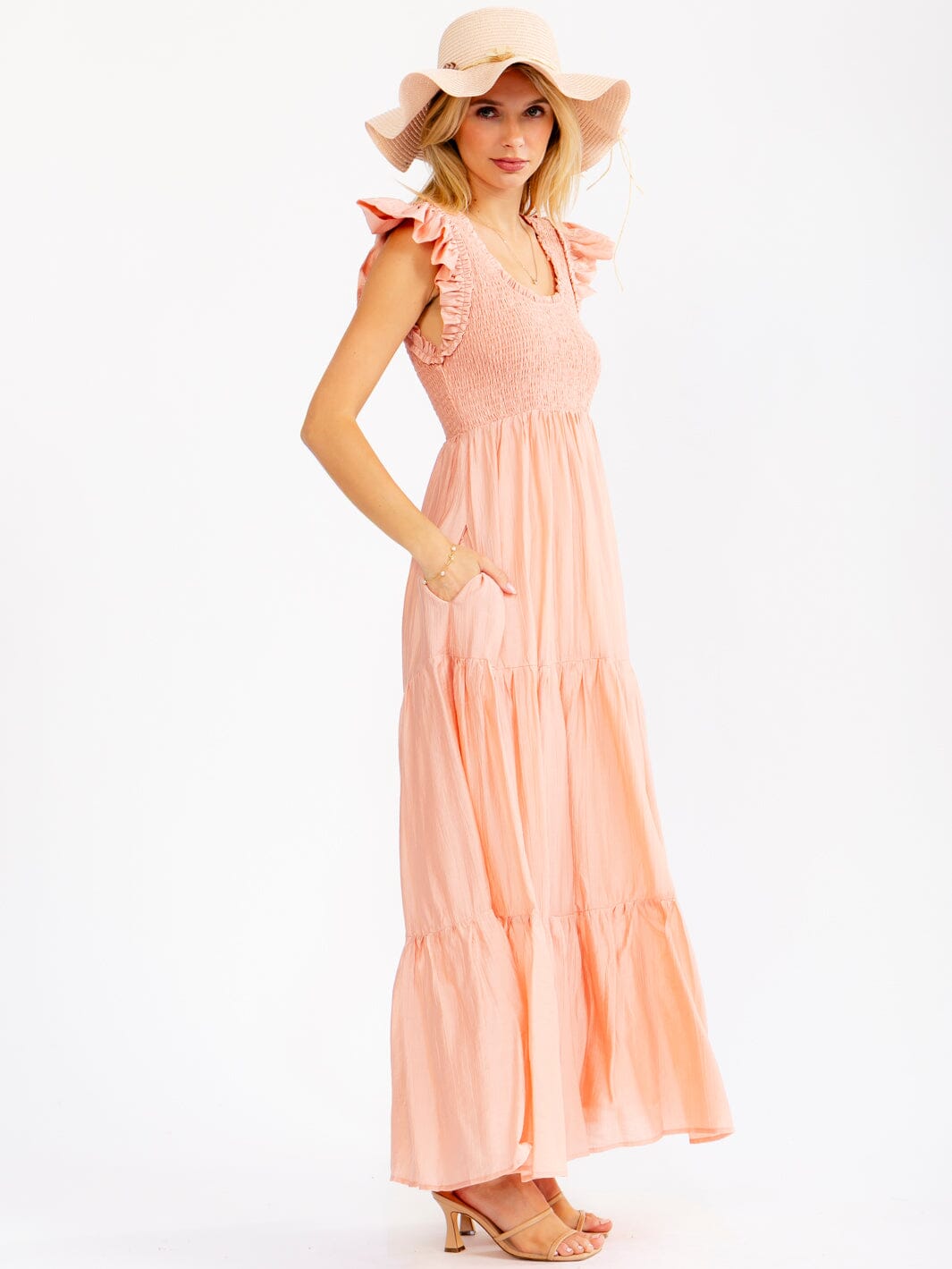 WOMEN'S RUFFLE SLEEVE SQUARE NECK SMOCK FRONT POCKETS TIERED MAXI DRESS