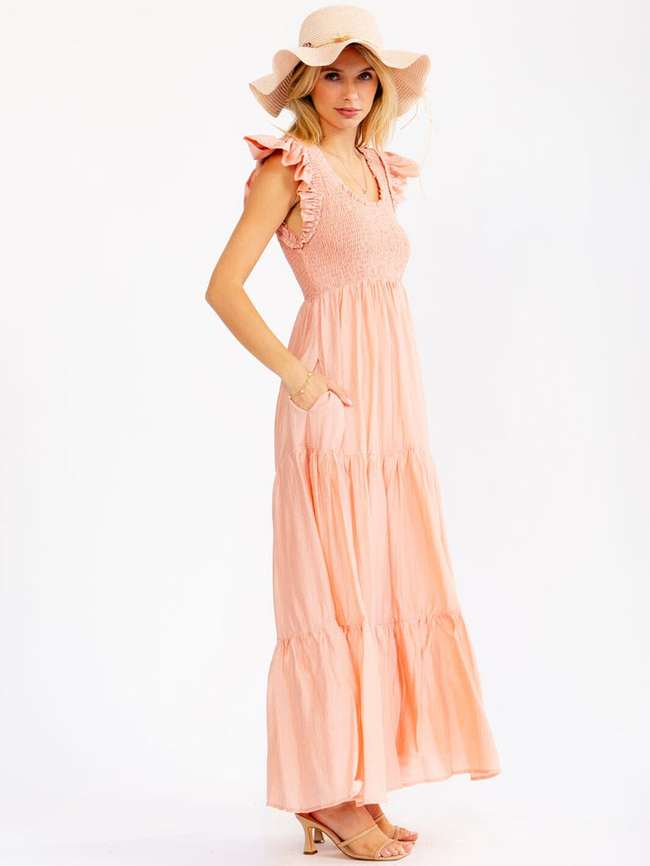 WOMEN'S RUFFLE SLEEVE SQUARE NECK SMOCK FRONT POCKETS TIERED MAXI DRESS