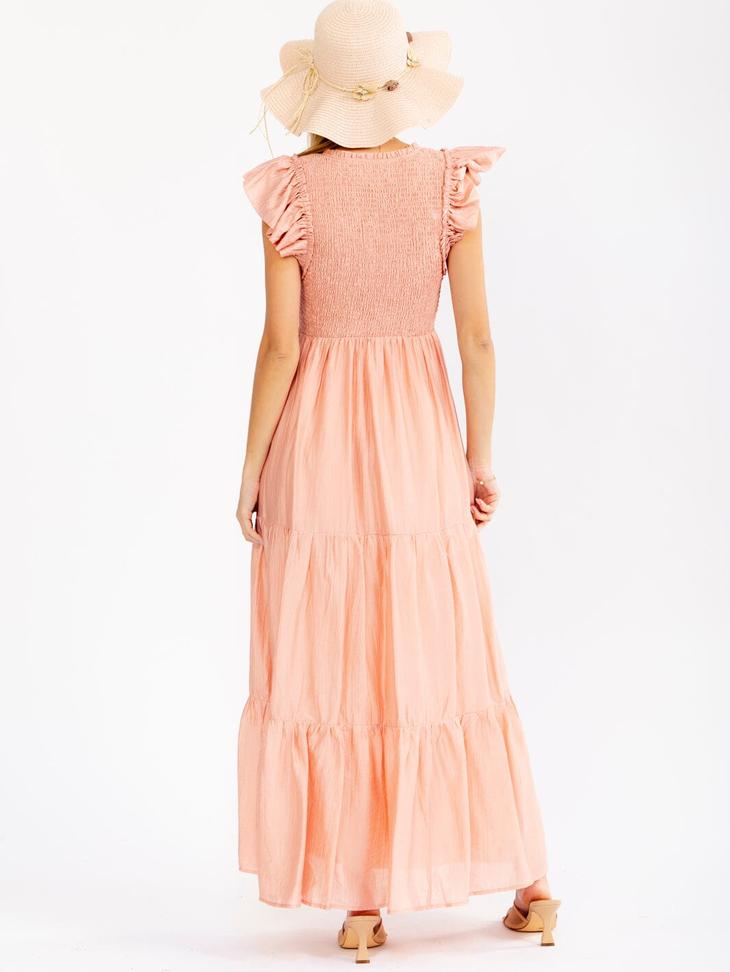 WOMEN'S RUFFLE SLEEVE SQUARE NECK SMOCK FRONT POCKETS TIERED MAXI DRESS