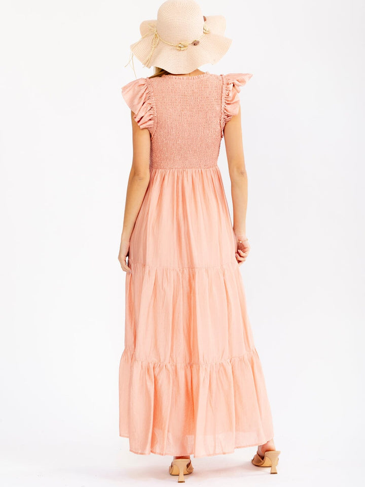 WOMEN'S RUFFLE SLEEVE SQUARE NECK SMOCK FRONT POCKETS TIERED MAXI DRESS