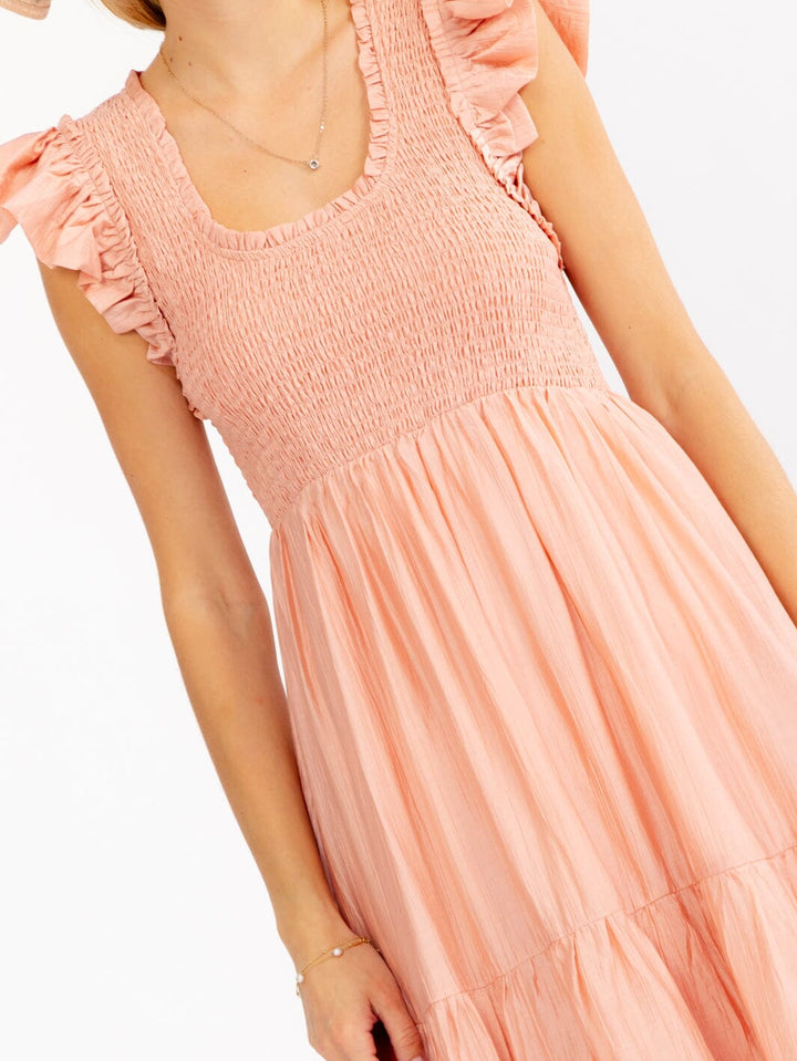 WOMEN'S RUFFLE SLEEVE SQUARE NECK SMOCK FRONT POCKETS TIERED MAXI DRESS