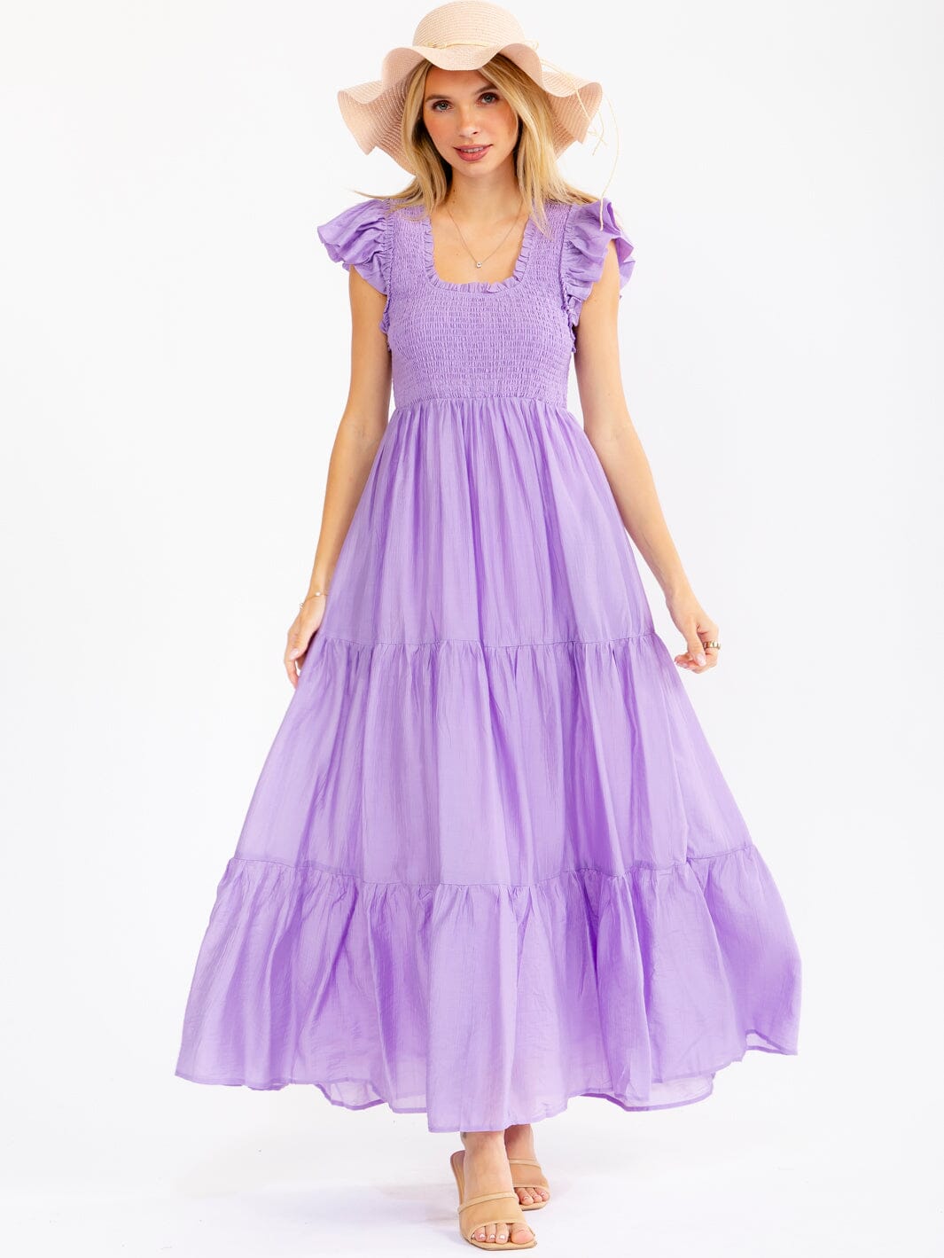 WOMEN'S RUFFLE SLEEVE SQUARE NECK SMOCK FRONT POCKETS TIERED MAXI DRESS