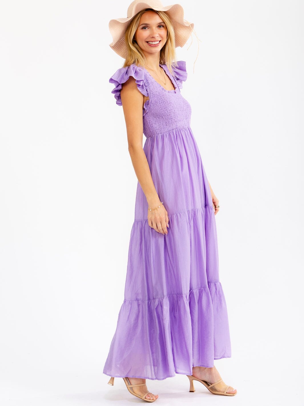 WOMEN'S RUFFLE SLEEVE SQUARE NECK SMOCK FRONT POCKETS TIERED MAXI DRESS