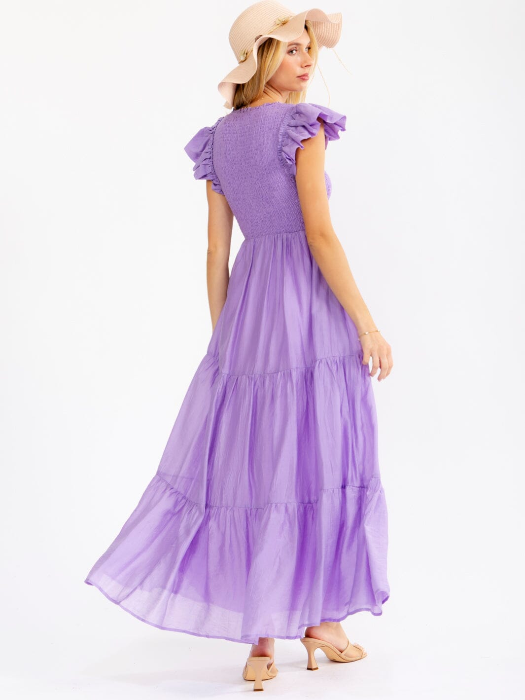 WOMEN'S RUFFLE SLEEVE SQUARE NECK SMOCK FRONT POCKETS TIERED MAXI DRESS