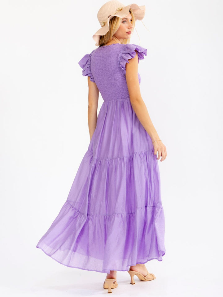 WOMEN'S RUFFLE SLEEVE SQUARE NECK SMOCK FRONT POCKETS TIERED MAXI DRESS