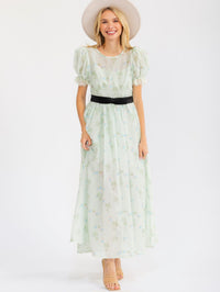 WOMEN'S SHORT PUFF SLEEVE ELASTIC WAIST FLORAL MAXI DRESS