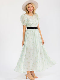 WOMEN'S SHORT PUFF SLEEVE ELASTIC WAIST FLORAL MAXI DRESS