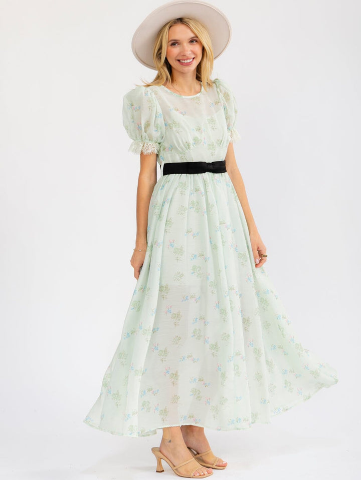WOMEN'S SHORT PUFF SLEEVE ELASTIC WAIST FLORAL MAXI DRESS
