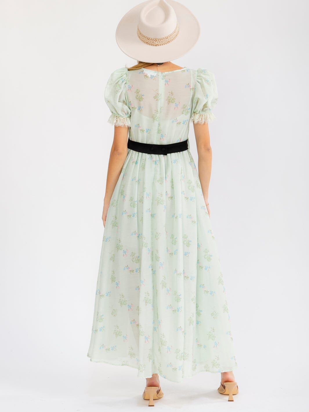 WOMEN'S SHORT PUFF SLEEVE ELASTIC WAIST FLORAL MAXI DRESS