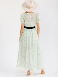 WOMEN'S SHORT PUFF SLEEVE ELASTIC WAIST FLORAL MAXI DRESS
