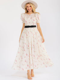 WOMEN'S SHORT PUFF SLEEVE ELASTIC WAIST FLORAL MAXI DRESS