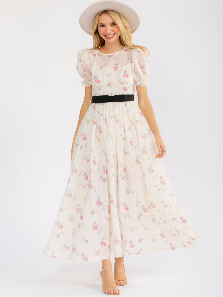 WOMEN'S SHORT PUFF SLEEVE ELASTIC WAIST FLORAL MAXI DRESS