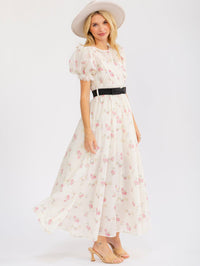 WOMEN'S SHORT PUFF SLEEVE ELASTIC WAIST FLORAL MAXI DRESS