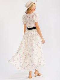WOMEN'S SHORT PUFF SLEEVE ELASTIC WAIST FLORAL MAXI DRESS