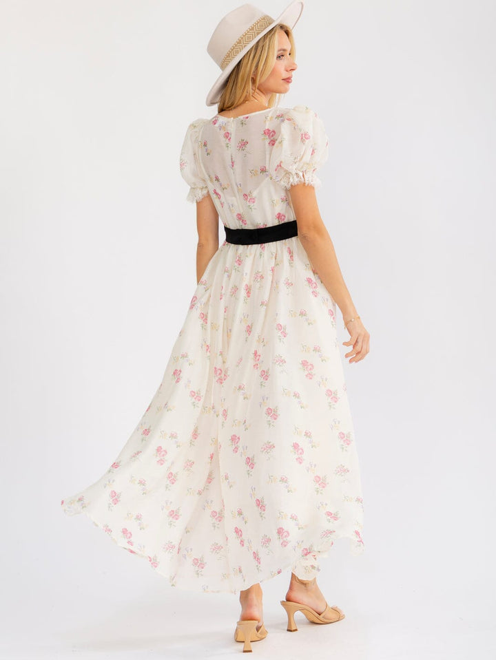 WOMEN'S SHORT PUFF SLEEVE ELASTIC WAIST FLORAL MAXI DRESS