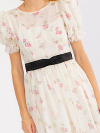 WOMEN'S SHORT PUFF SLEEVE ELASTIC WAIST FLORAL MAXI DRESS