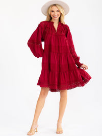 WOMEN'S LONG SLEEVE V-NECK TIERED LOOSE FIT CROCHET MINI DRESS