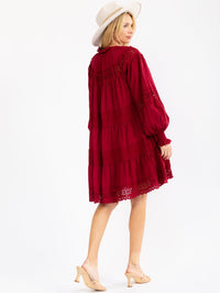 WOMEN'S LONG SLEEVE V-NECK TIERED LOOSE FIT CROCHET MINI DRESS