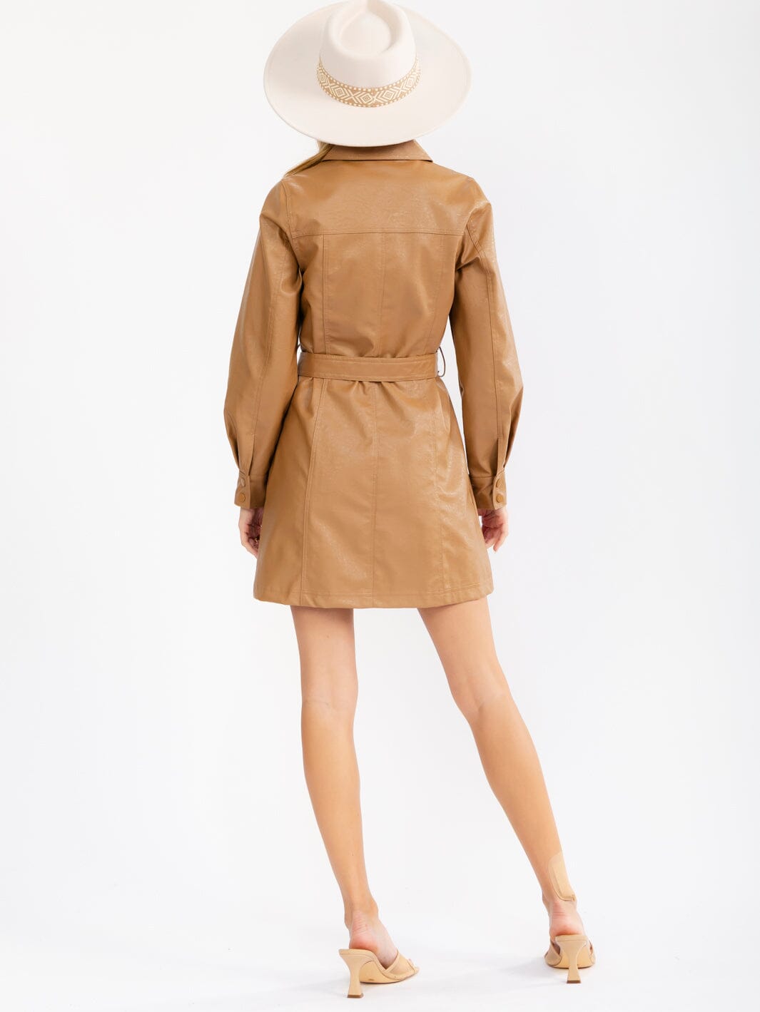 WOMEN'S LONG SLEEVE BUTTON UP POCKETS SELF TIE PU PLEATHER MINI DRESS