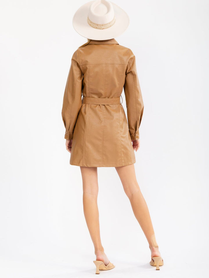 WOMEN'S LONG SLEEVE BUTTON UP POCKETS SELF TIE PU PLEATHER MINI DRESS