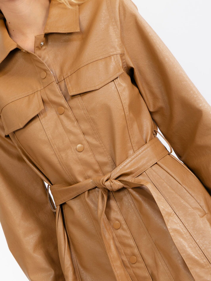 WOMEN'S LONG SLEEVE BUTTON UP POCKETS SELF TIE PU PLEATHER MINI DRESS