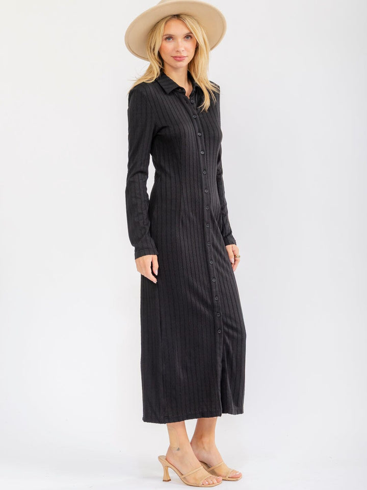 WOMEN'S LONG SLEEVE BUTTON UP RIBBED BODYCON MAXI DRESS
