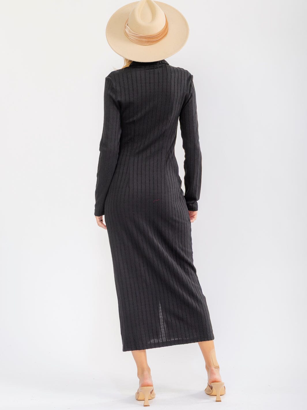 WOMEN'S LONG SLEEVE BUTTON UP RIBBED BODYCON MAXI DRESS