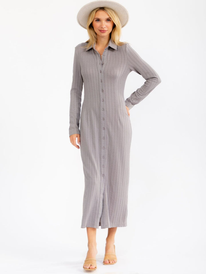 WOMEN'S LONG SLEEVE BUTTON UP RIBBED BODYCON MAXI DRESS